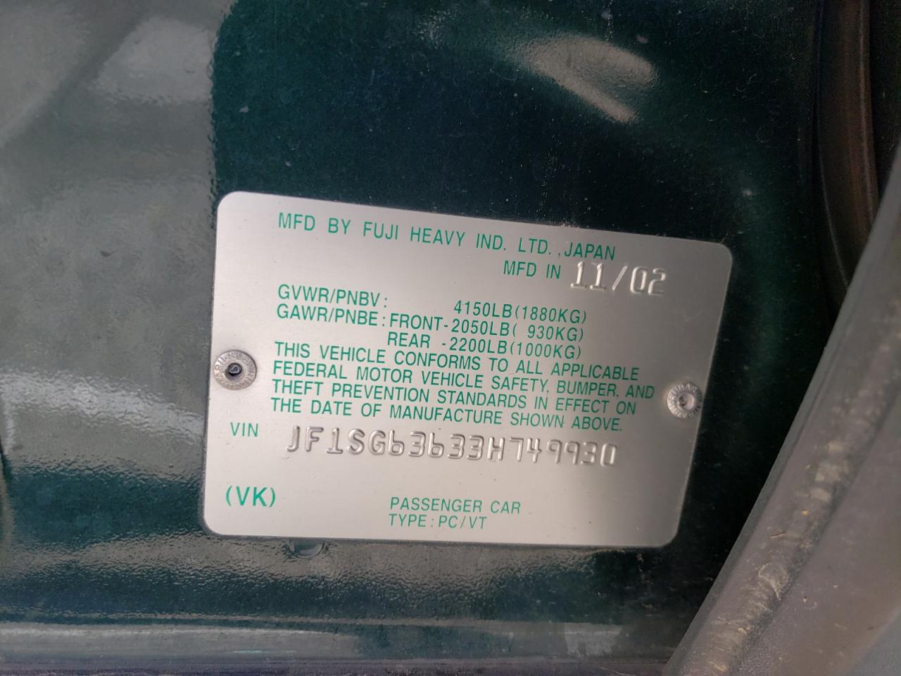 Photo 10 from auction – 2003 SUBARU FORESTER 2 with VIN JF1SG63633H749930