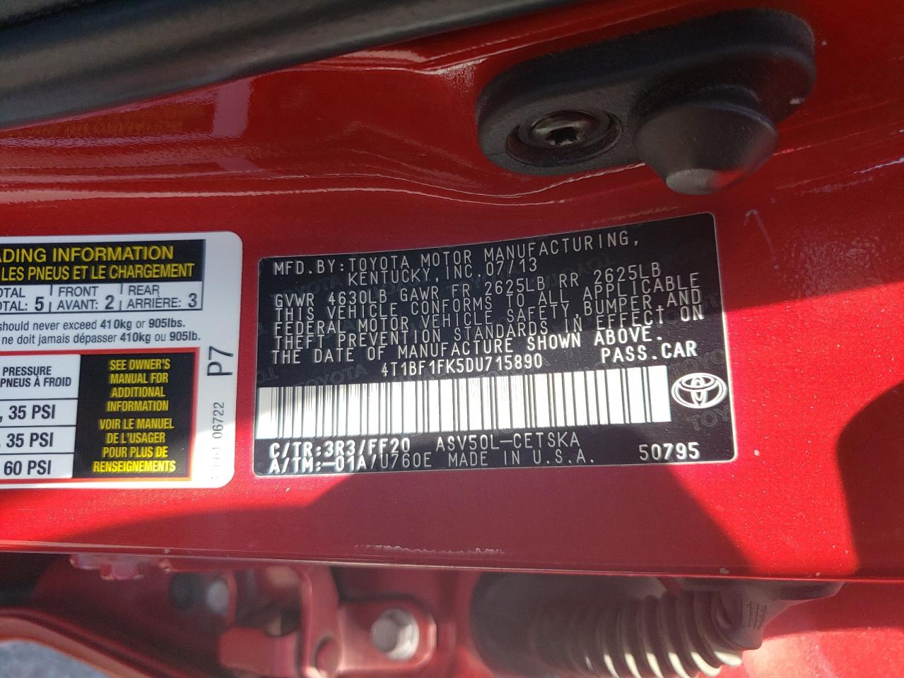 Photo 10 from auction – 2013 TOYOTA CAMRY L with VIN 4T1BF1FK5DU715890