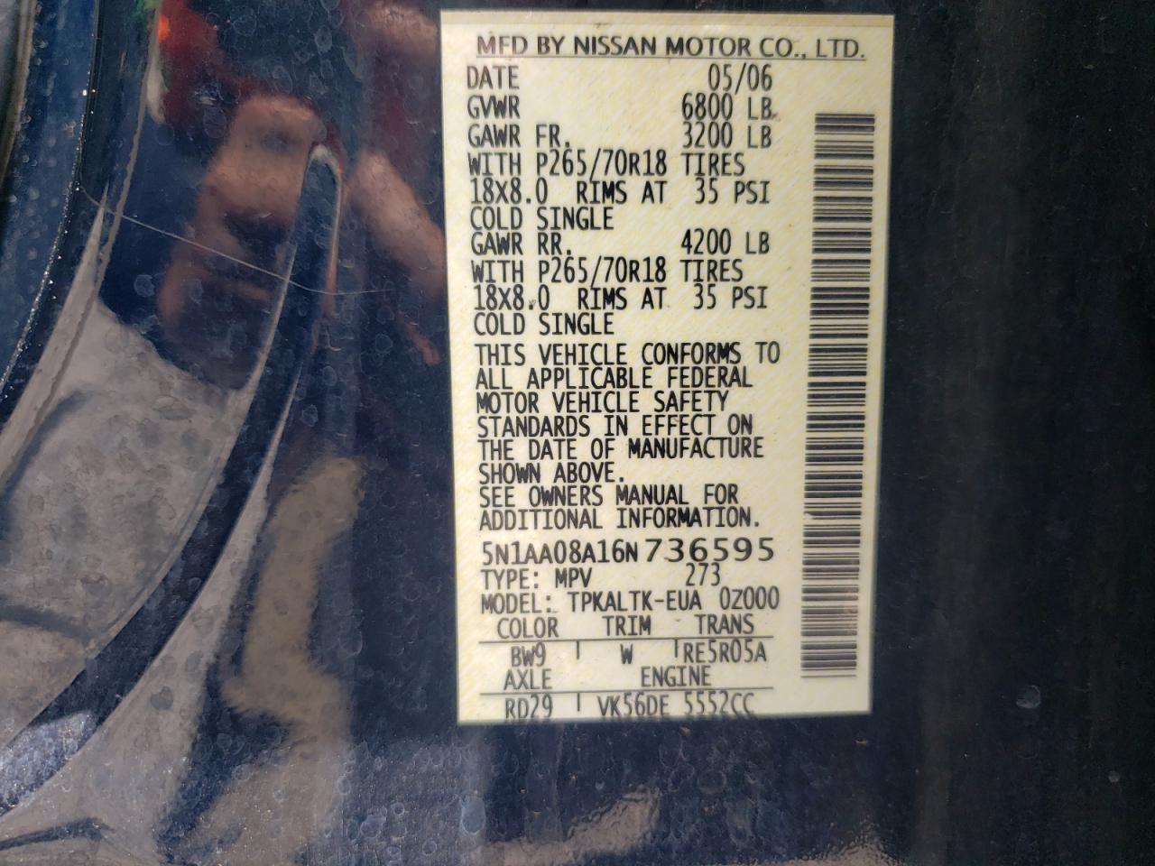 Photo 10 from auction – 2006 NISSAN ARMADA SE with VIN 5N1AA08A16N736595