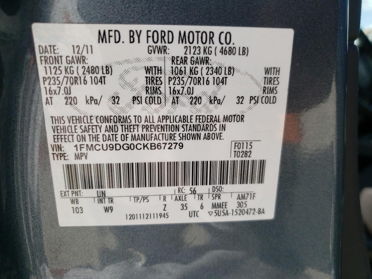 Photo 10 from auction – 2012 FORD ESCAPE XLT with VIN 1FMCU9DG0CKB67279