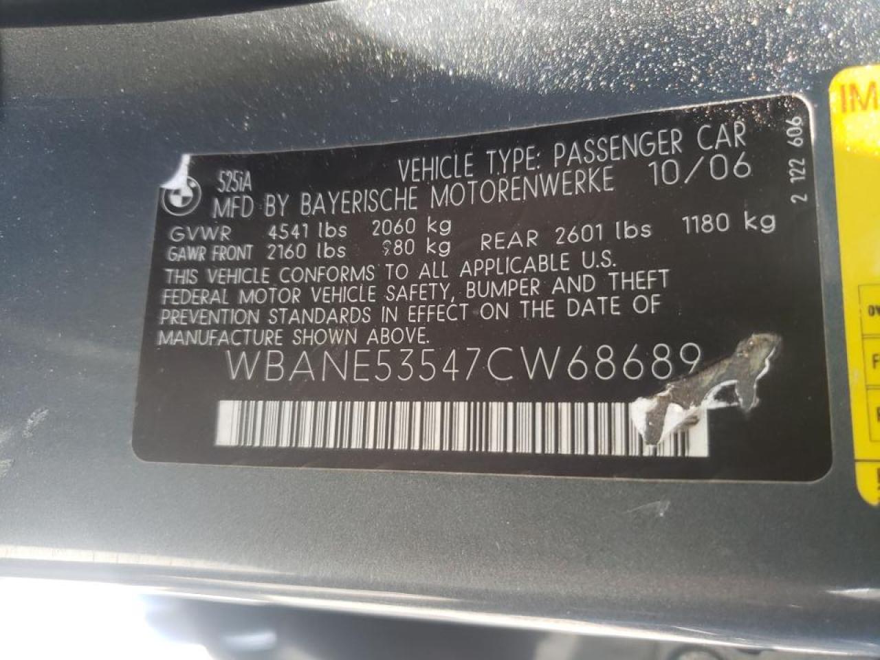 Photo 10 from auction – 2007 BMW 525 I with VIN WBANE53547CW68689