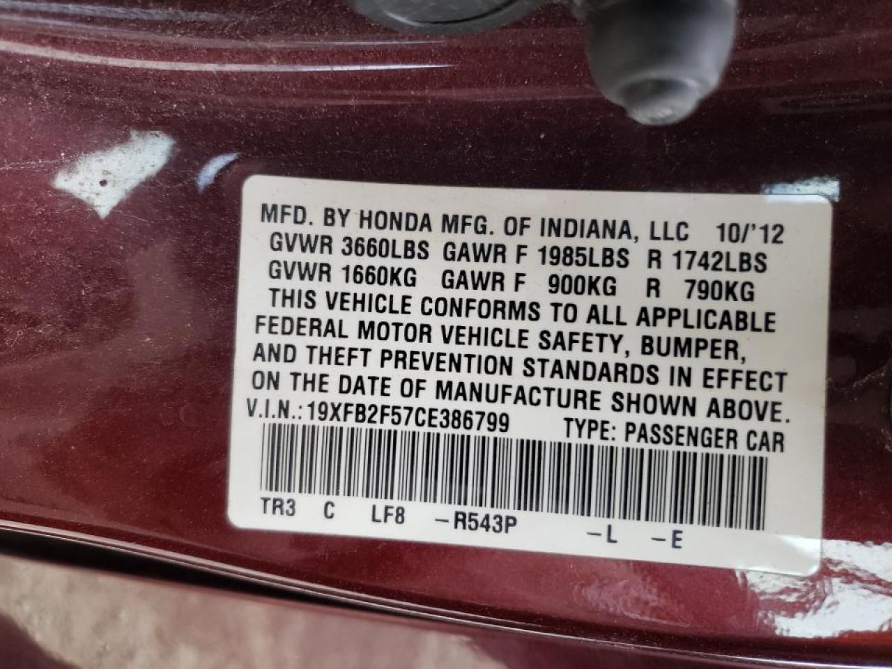Photo 10 from auction – 2012 HONDA CIVIC LX with VIN 19XFB2F57CE386799