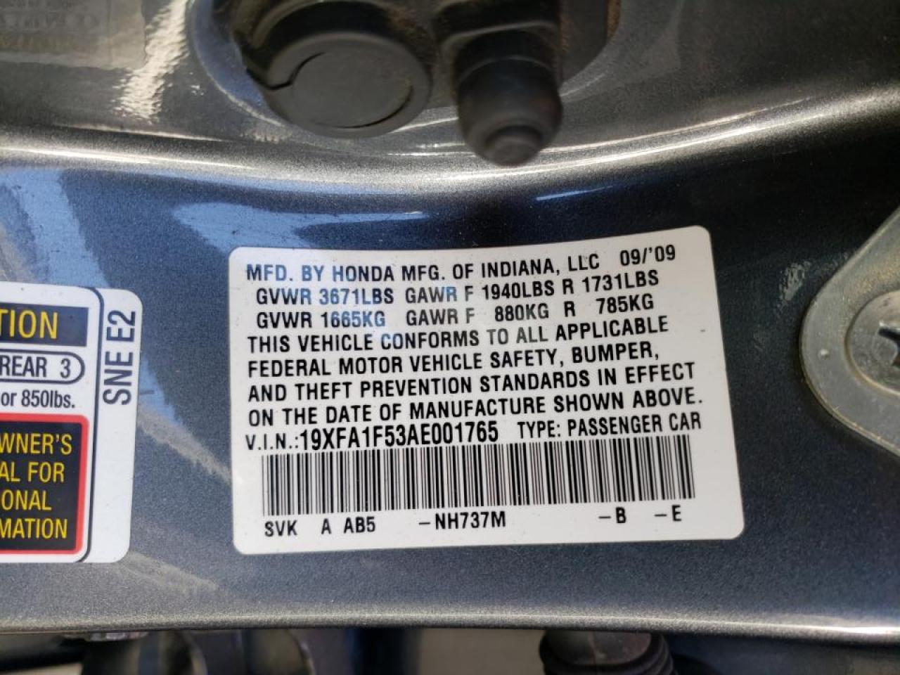 Photo 10 from auction – 2010 HONDA CIVIC LX with VIN 19XFA1F53AE001765