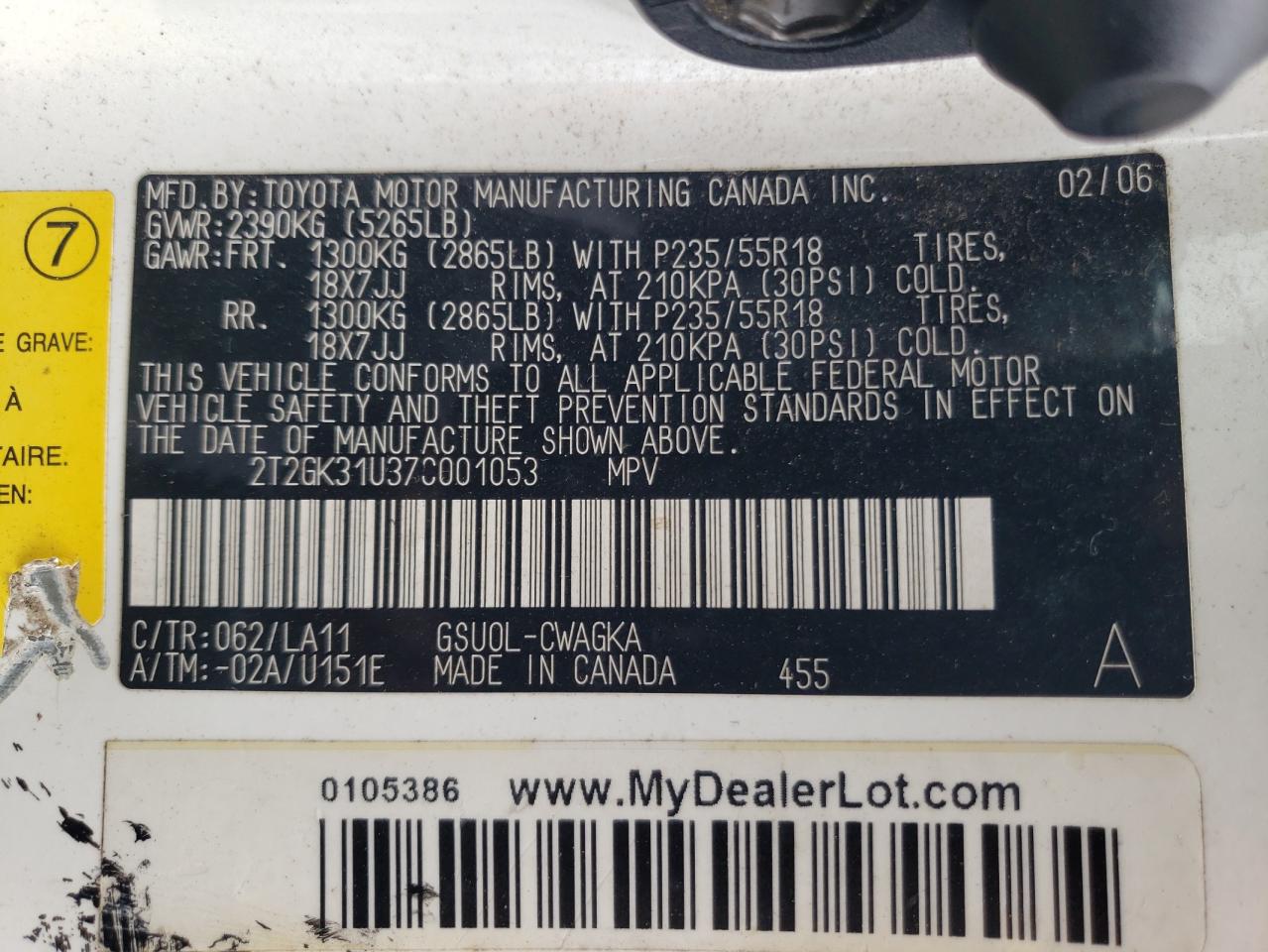 Photo 10 from auction – 2007 LEXUS RX 350 with VIN 2T2GK31U37C001053