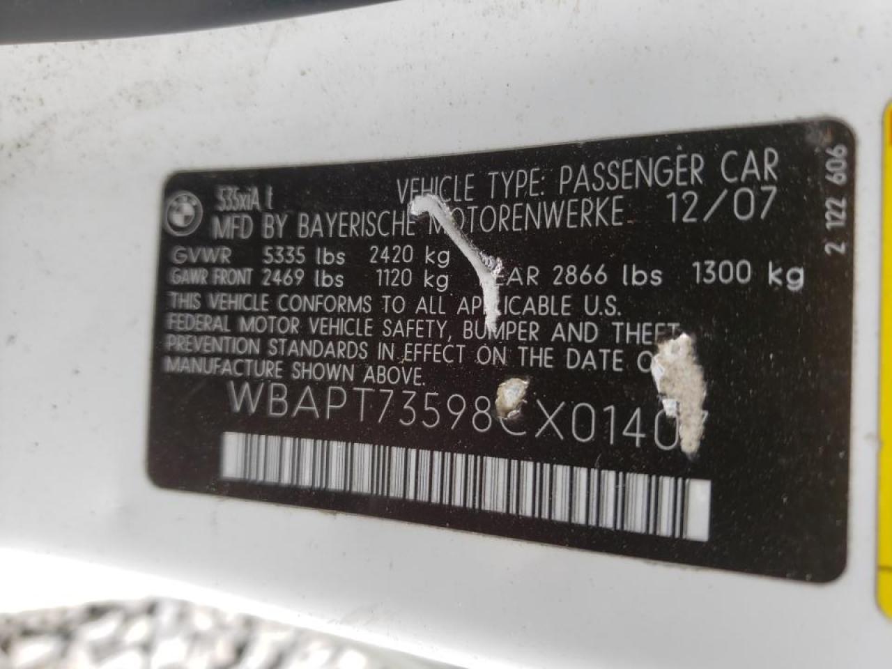 Photo 10 from auction – 2008 BMW 535 XI with VIN WBAPT73598CX01407