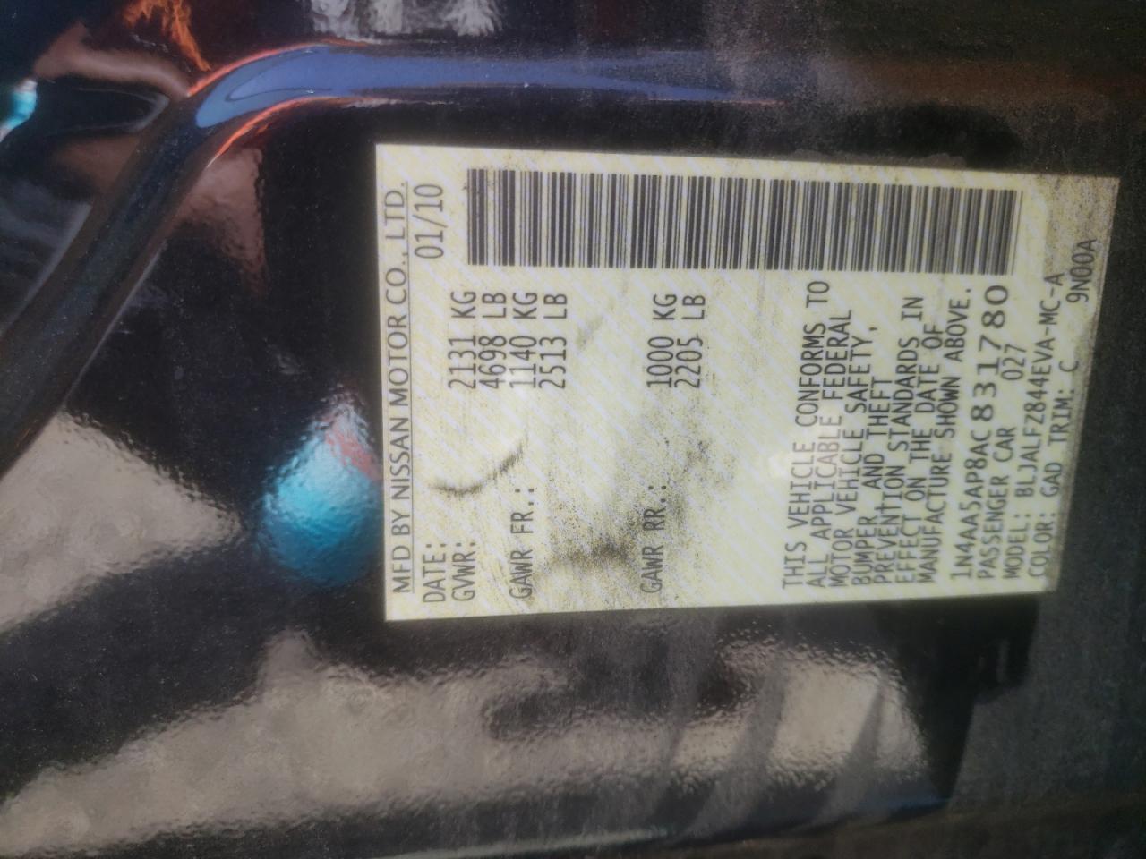 Photo 10 from auction – 2010 NISSAN MAXIMA S with VIN 1N4AA5AP8AC831780