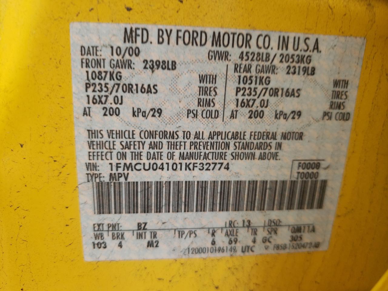 صورة رقم 10 من المزاد - 2001 FORD ESCAPE XLT مع VIN 1FMCU04101KF32774