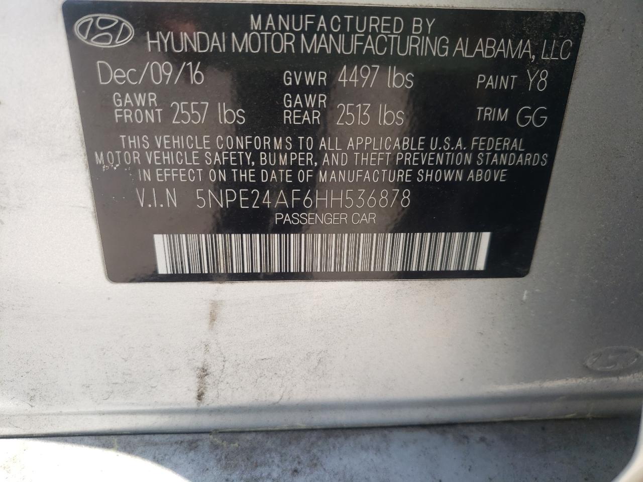 Photo 10 from auction – 2017 HYUNDAI SONATA SE with VIN 5NPE24AF6HH536878