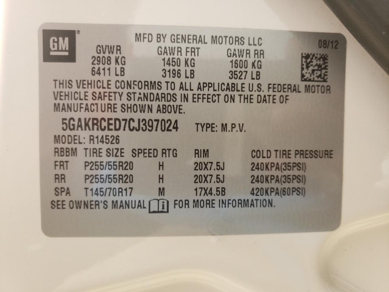 Photo 10 from auction – 2012 BUICK ENCLAVE with VIN 5GAKRCED7CJ397024