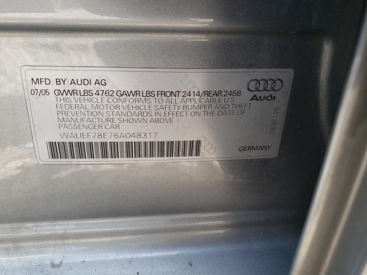 Photo 10 from auction – 2006 AUDI A4 S-LINE with VIN WAUEF78E76A048317