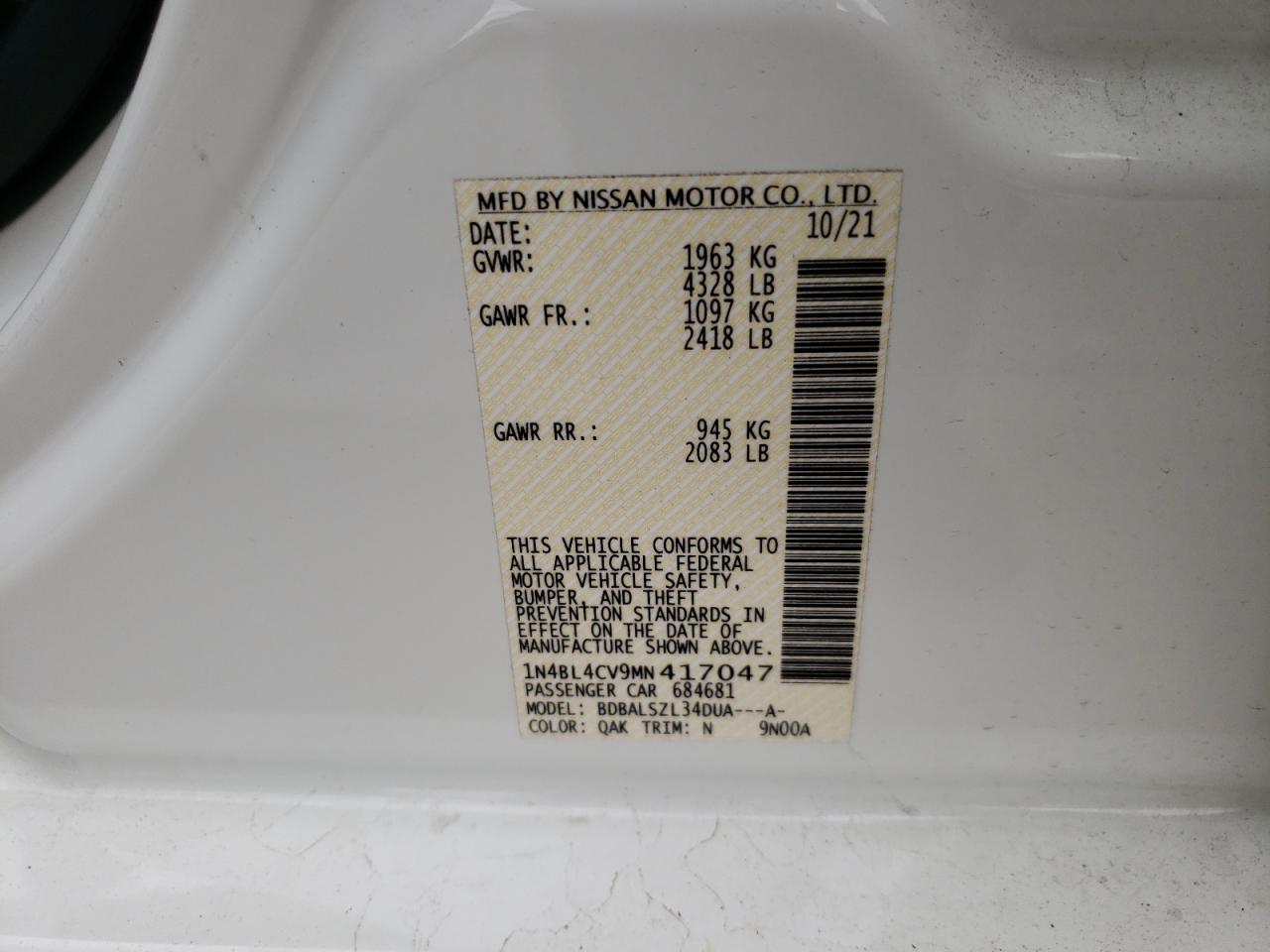 Photo 10 from auction – 2021 NISSAN ALTIMA SR with VIN 1N4BL4CV9MN417047