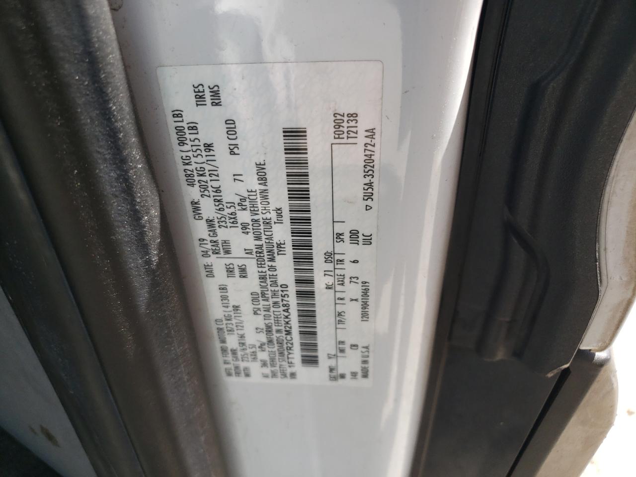 Photo 10 from auction – 2019 FORD TRANSIT T- with VIN 1FTYR2CM2KKA87510
