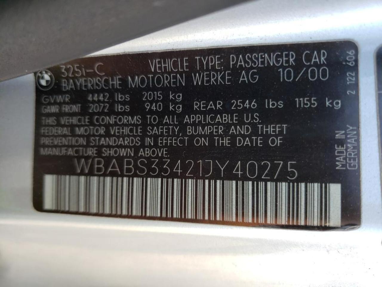 Photo 10 from auction – 2001 BMW 325 CI with VIN WBABS33421JY40275