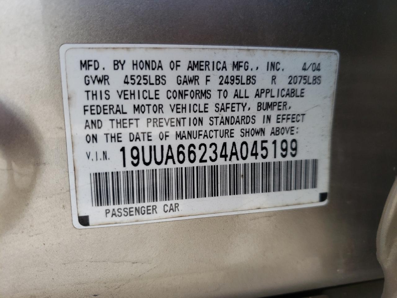 Photo 10 from auction – 2004 ACURA TL with VIN 19UUA66234A045199