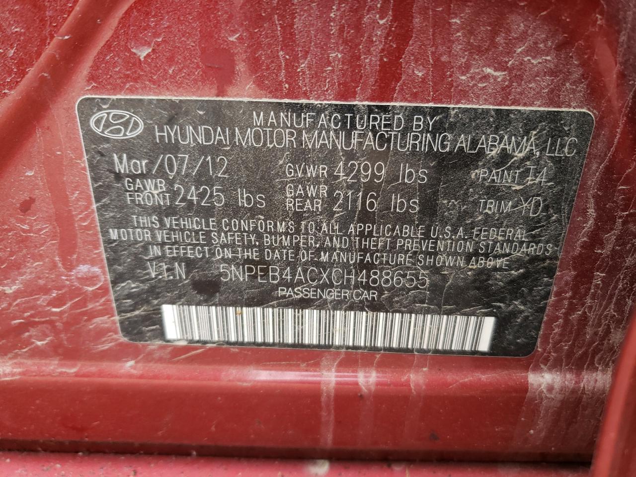 Photo 10 from auction – 2012 HYUNDAI SONATA GLS with VIN 5NPEB4ACXCH488655