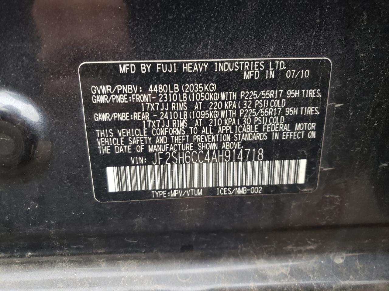 Photo 10 from auction – 2010 SUBARU FORESTER 2 with VIN JF2SH6CC4AH914718