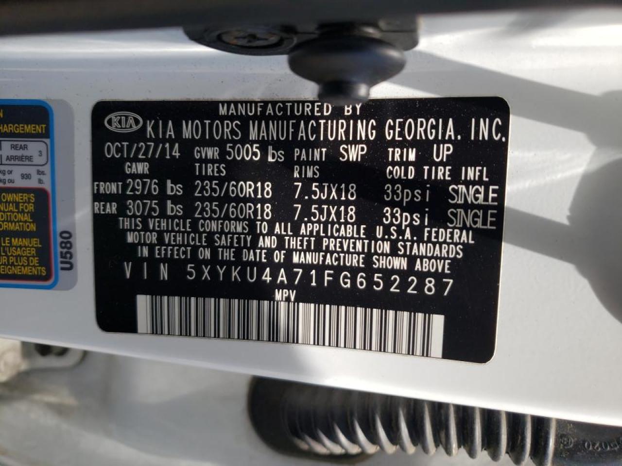 Photo 10 from auction – 2015 KIA SORENTO EX with VIN 5XYKU4A71FG652287