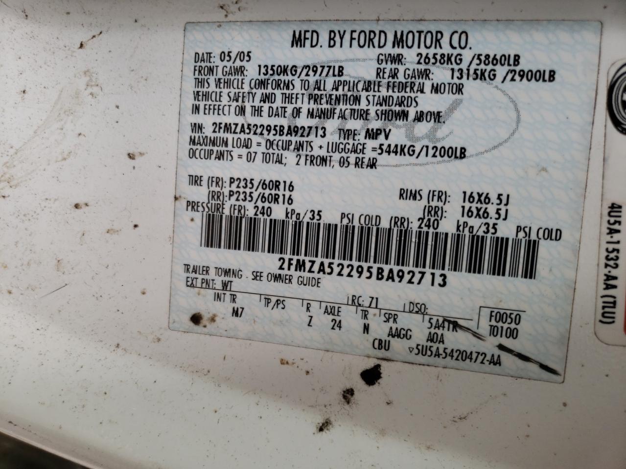 Photo 10 from auction – 2005 FORD FREESTAR S with VIN 2FMZA52295BA92713