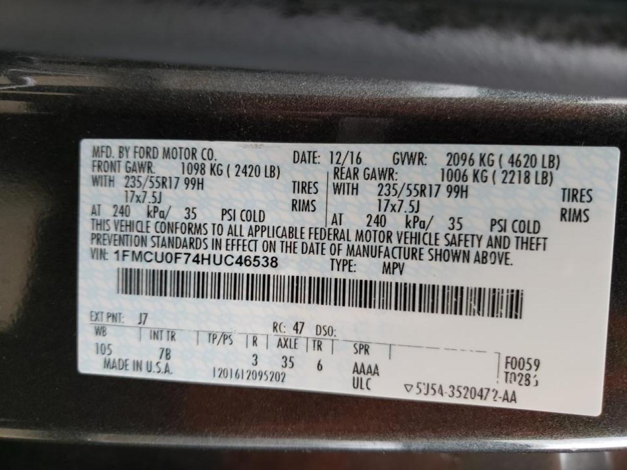 Photo 10 from auction – 2017 FORD ESCAPE S with VIN 1FMCU0F74HUC46538