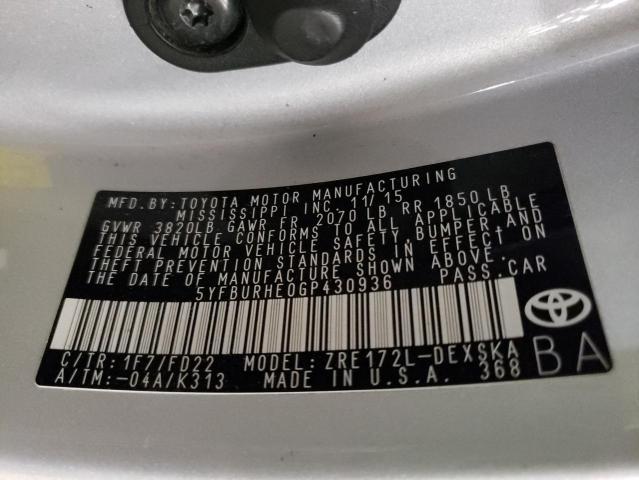 Photo 10 from auction – 2016 TOYOTA COROLLA L with VIN 5YFBURHE0GP430936
