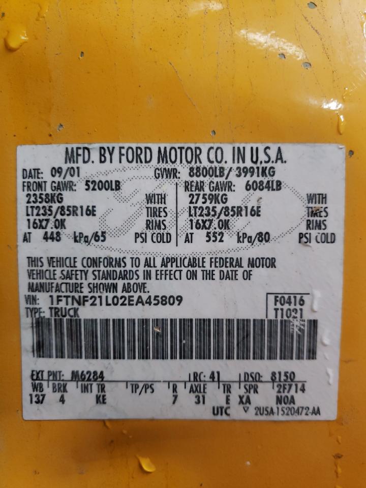 Photo 10 from auction – 2002 FORD F250 SUPER with VIN 1FTNF21L02EA45809