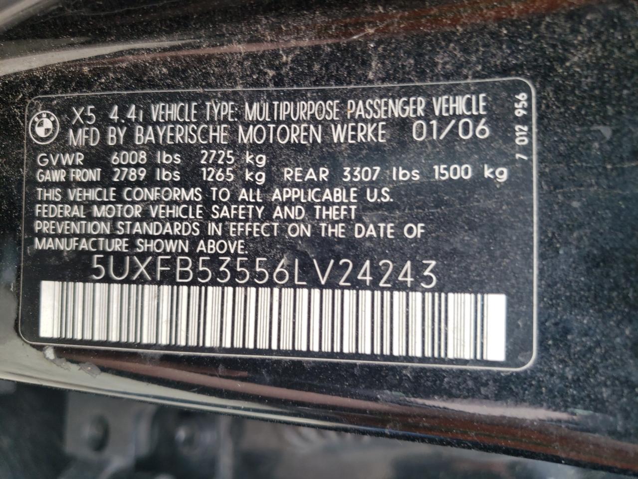 Photo 10 from auction – 2006 BMW X5 4.4I with VIN 5UXFB53556LV24243