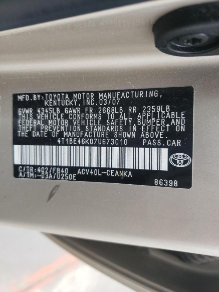 Photo 10 from auction – 2007 TOYOTA CAMRY CE with VIN 4T1BE46K07U673010
