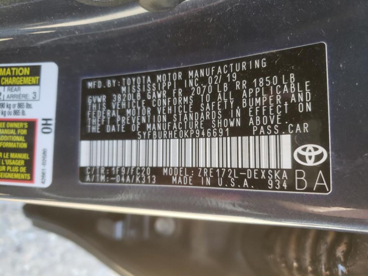 Photo 10 from auction – 2019 TOYOTA COROLLA L with VIN 5YFBURHE0KP946691