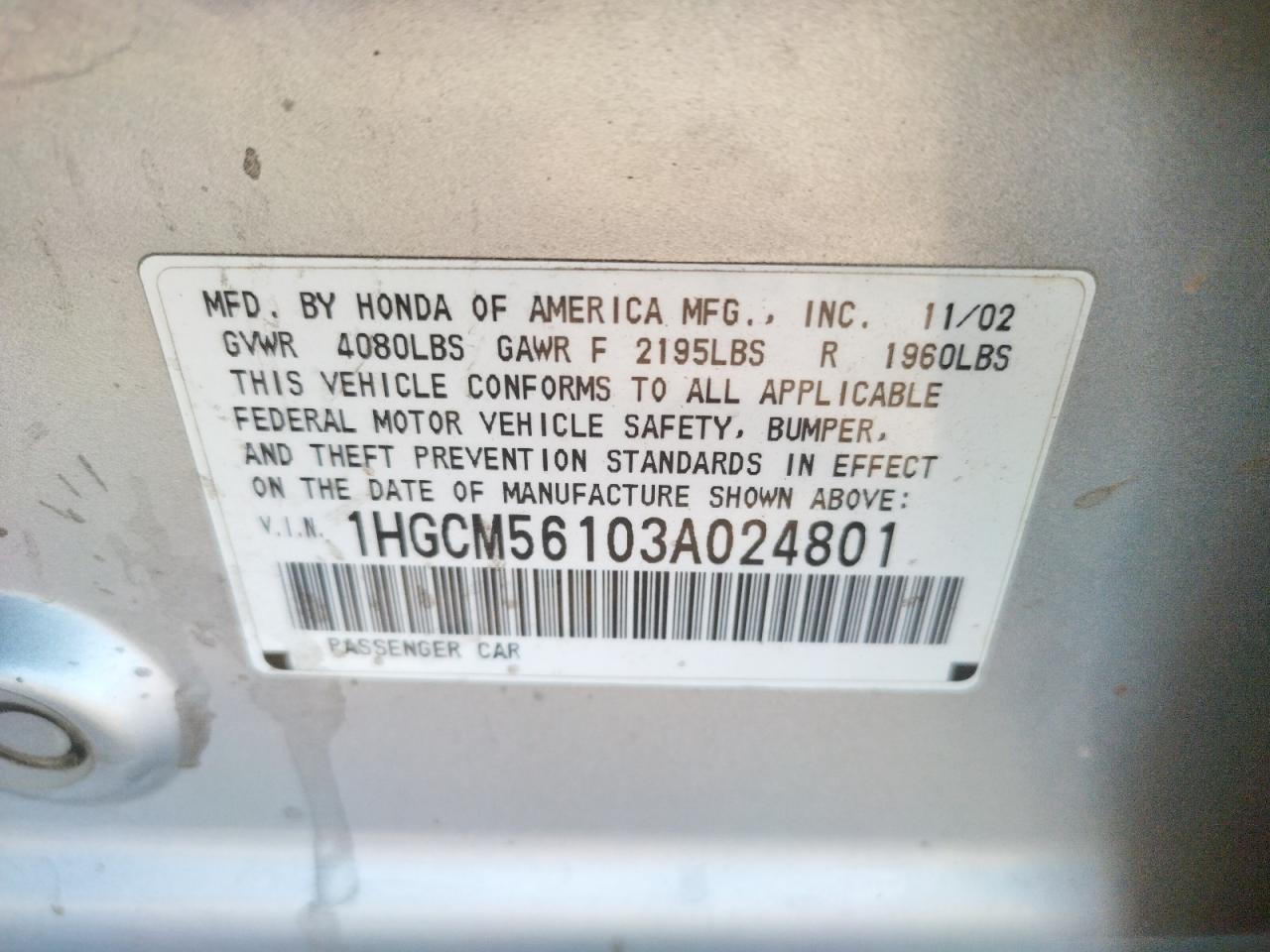 Photo 10 from auction – 2003 HONDA ACCORD DX with VIN 1HGCM56103A024801