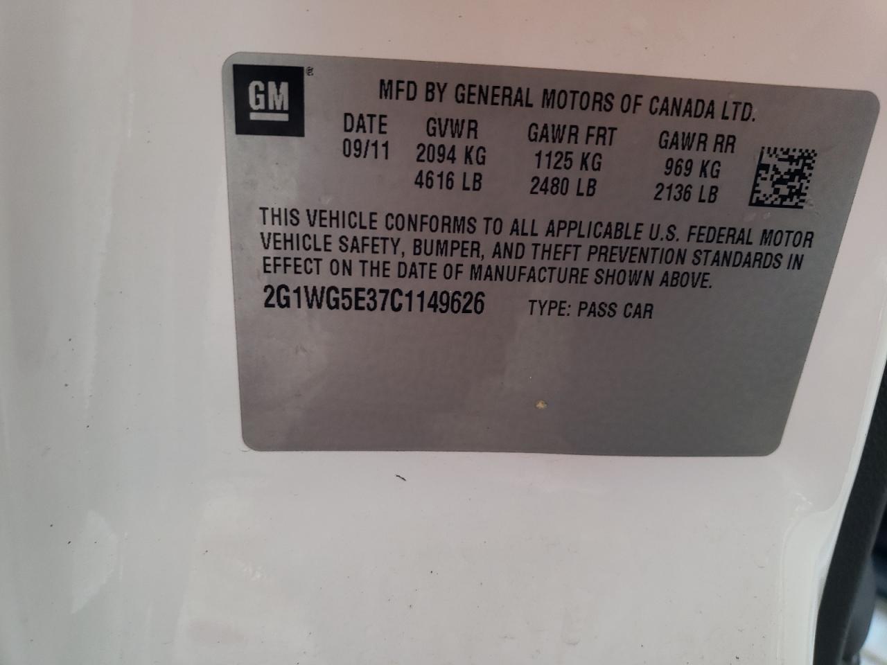 Photo 10 from auction – 2012 CHEVROLET IMPALA LT with VIN 2G1WG5E37C1149626