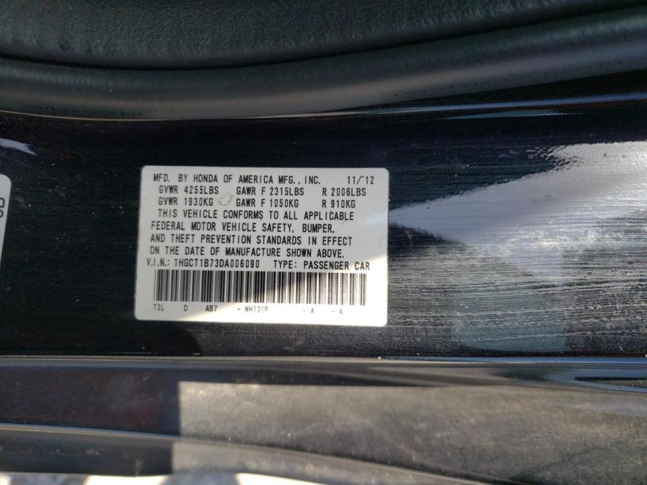 Photo 10 from auction – 2013 HONDA ACCORD EX with VIN 1HGCT1B73DA006090