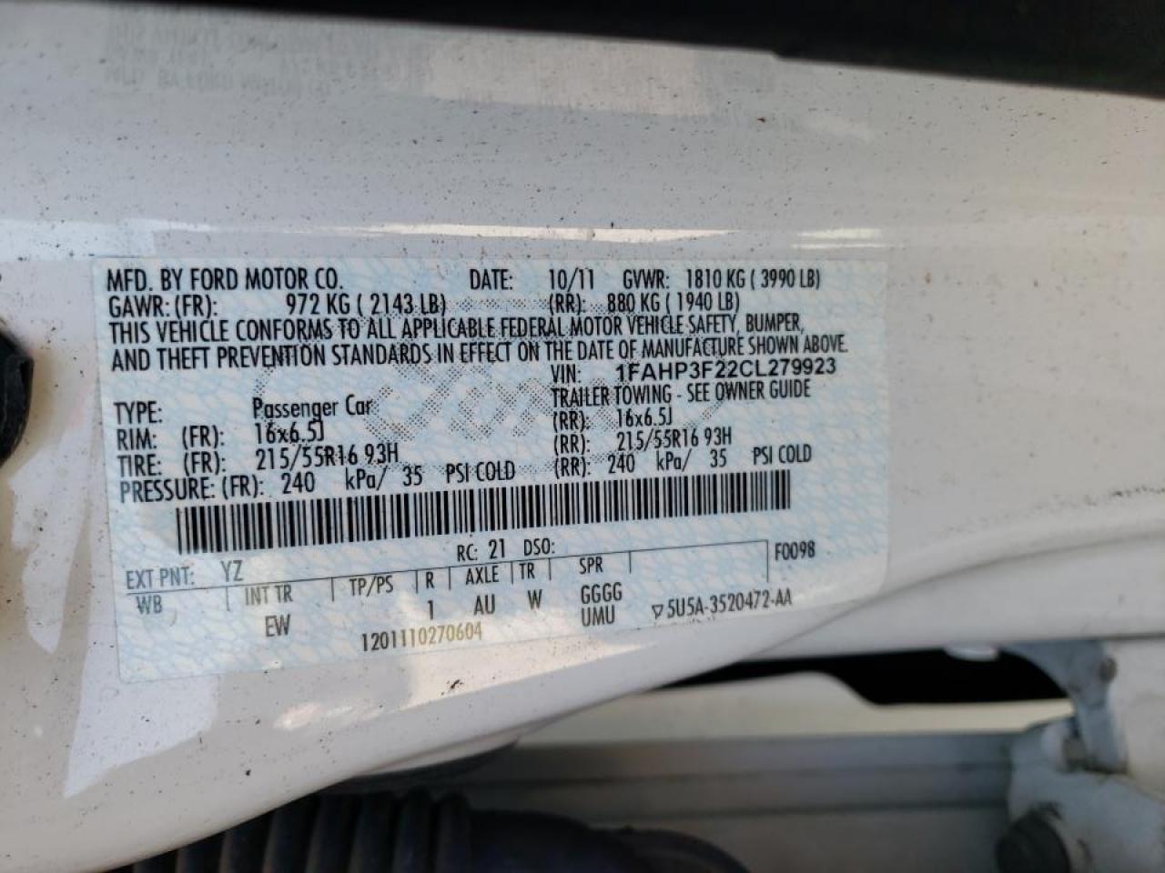 Photo 10 from auction – 2012 FORD FOCUS SE with VIN 1FAHP3F22CL279923