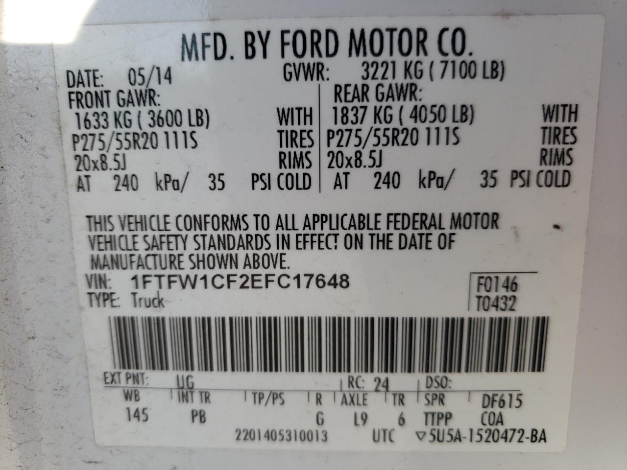 Photo 10 from auction – 2014 FORD F150 SUPER with VIN 1FTFW1CF2EFC17648