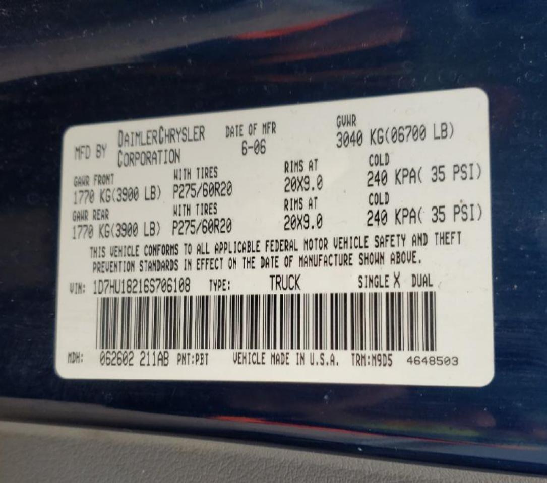 Photo 10 from auction – 2006 DODGE RAM 1500 S with VIN 1D7HU18216S706108