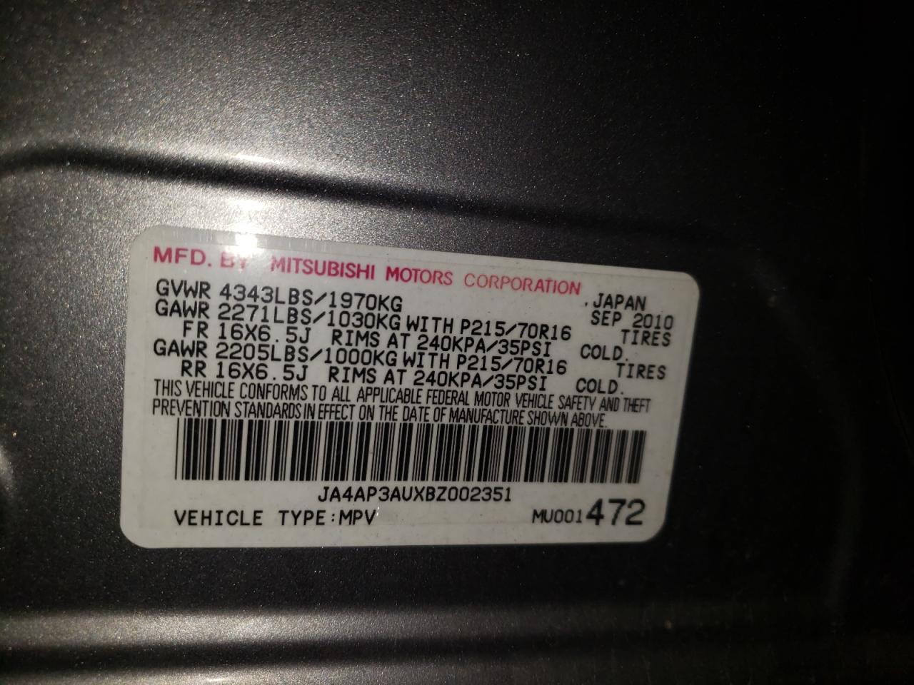Photo 10 from auction – 2011 MITSUBISHI OUTLANDER with VIN JA4AP3AUXBZ002351