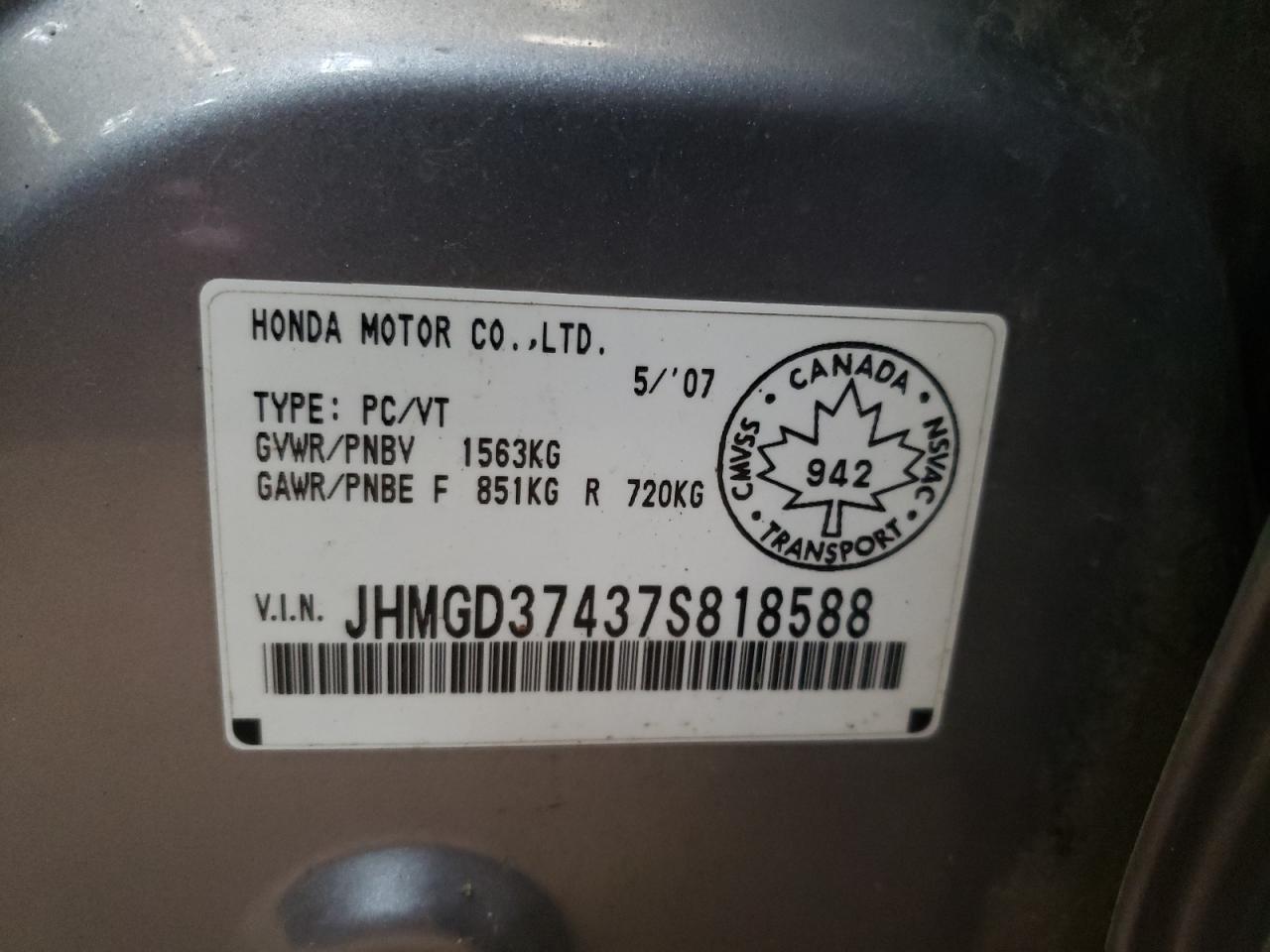 Photo 10 from auction – 2007 HONDA FIT with VIN JHMGD37437S818588