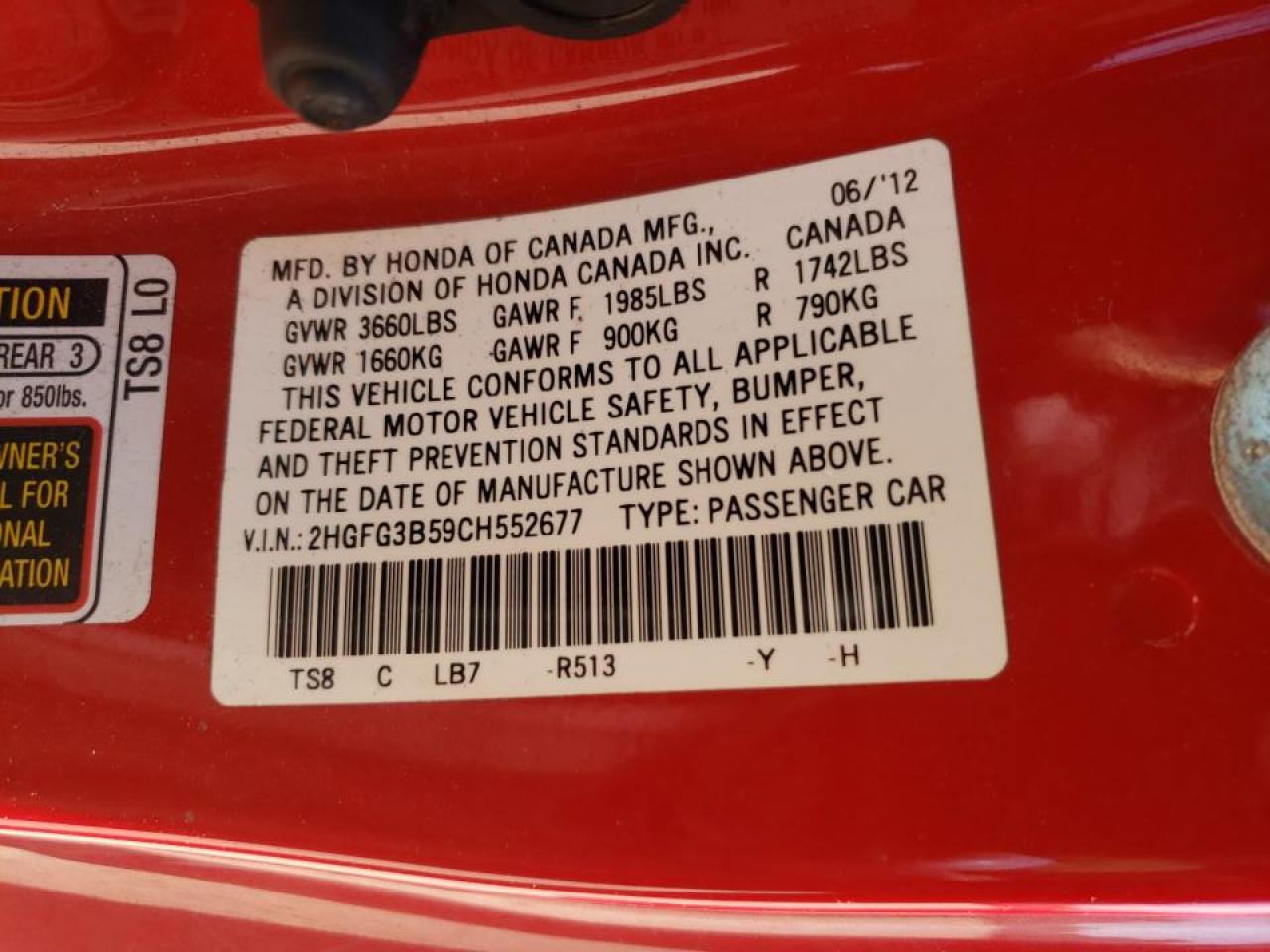 Photo 10 from auction – 2012 HONDA CIVIC LX with VIN 2HGFG3B59CH552677