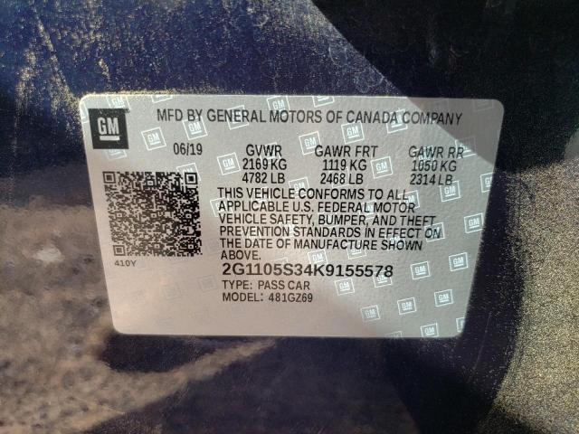 Photo 10 from auction – 2019 CHEVROLET IMPALA PRE with VIN 2G1105S34K9155578