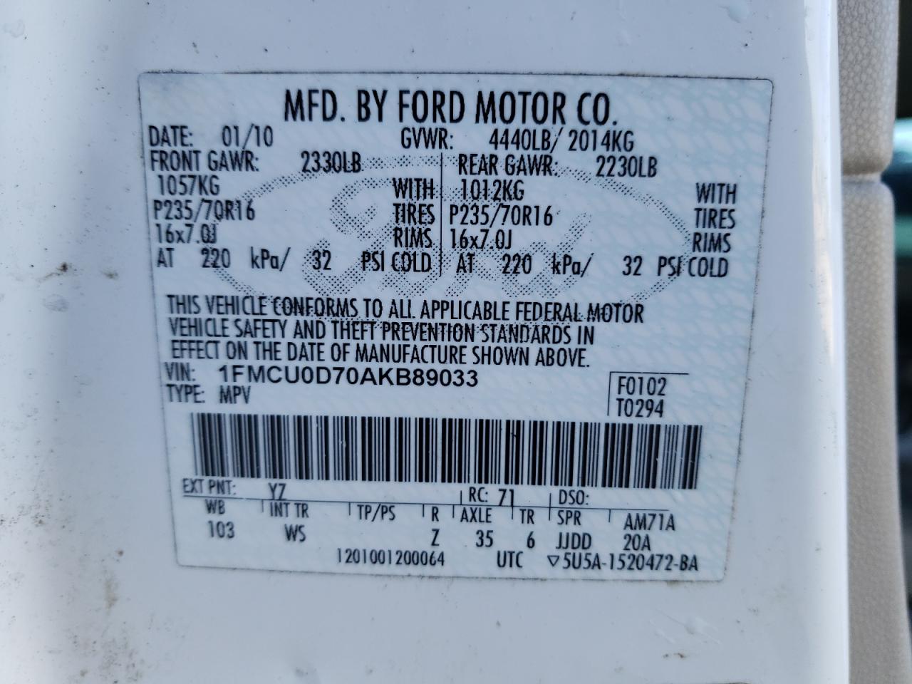 Photo 10 from auction – 2010 FORD ESCAPE XLT with VIN 1FMCU0D70AKB89033