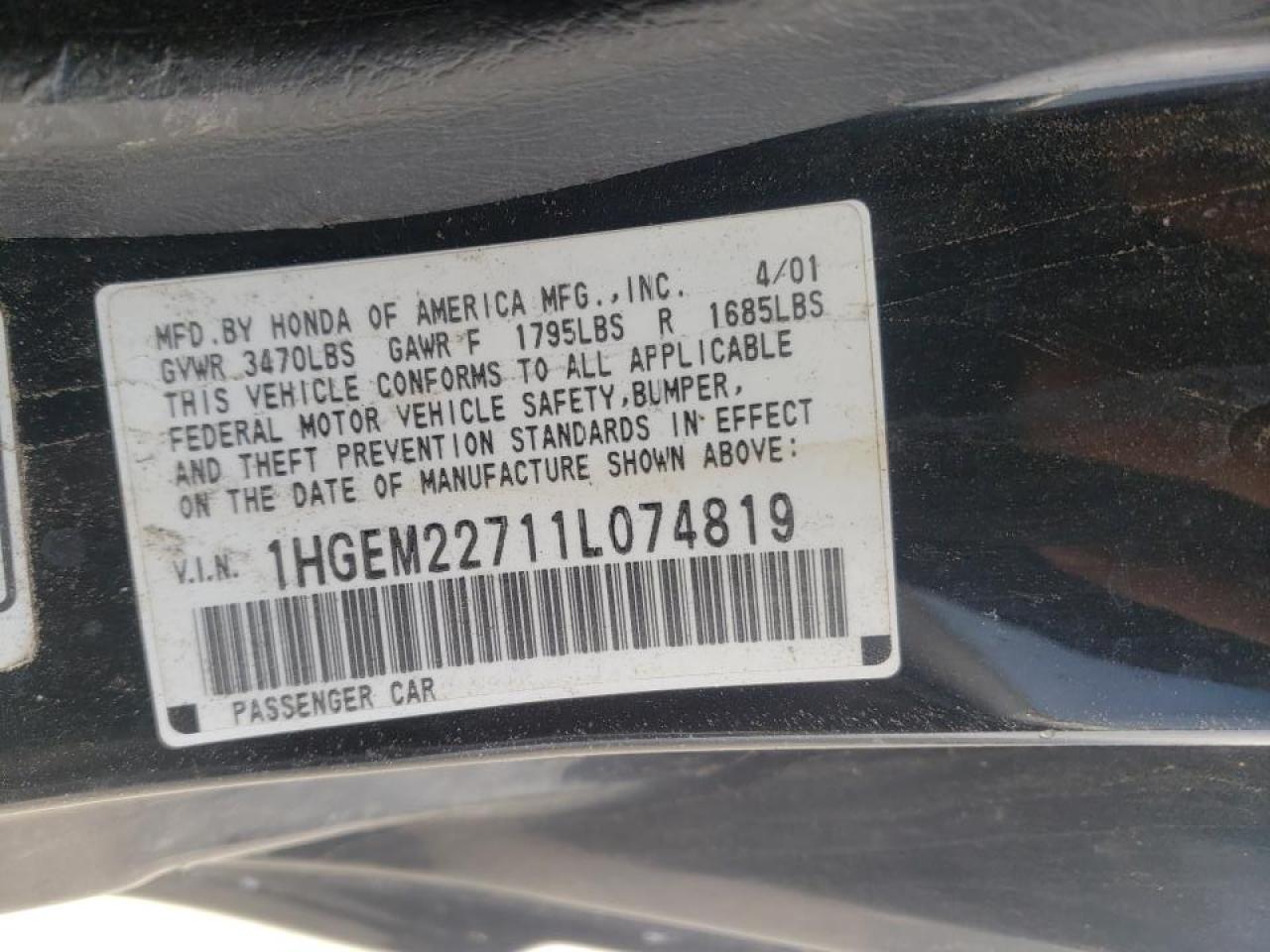 Photo 10 from auction – 2001 HONDA CIVIC HX with VIN 1HGEM22711L074819