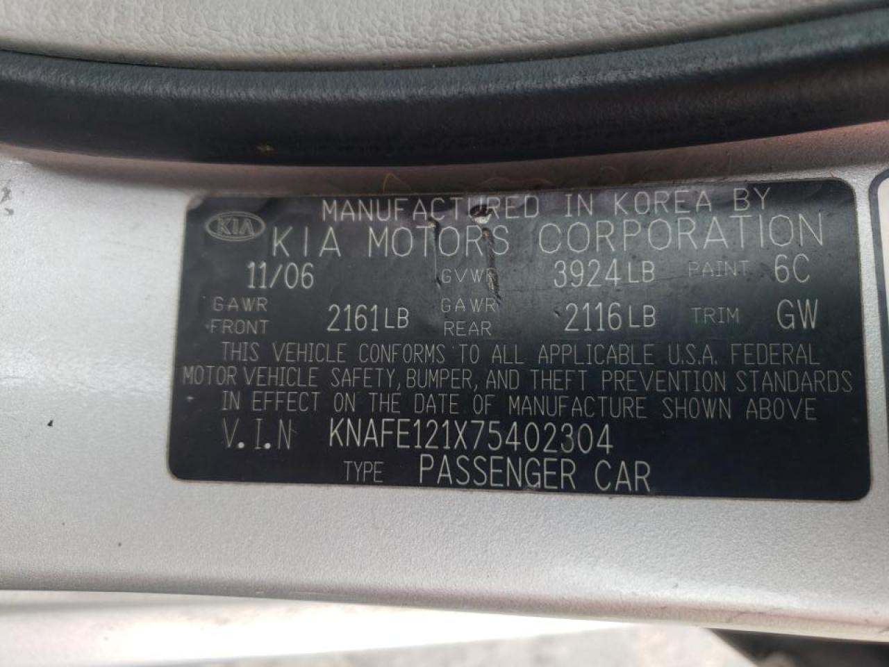 Photo 10 from auction – 2007 KIA SPECTRA EX with VIN KNAFE121X75402304