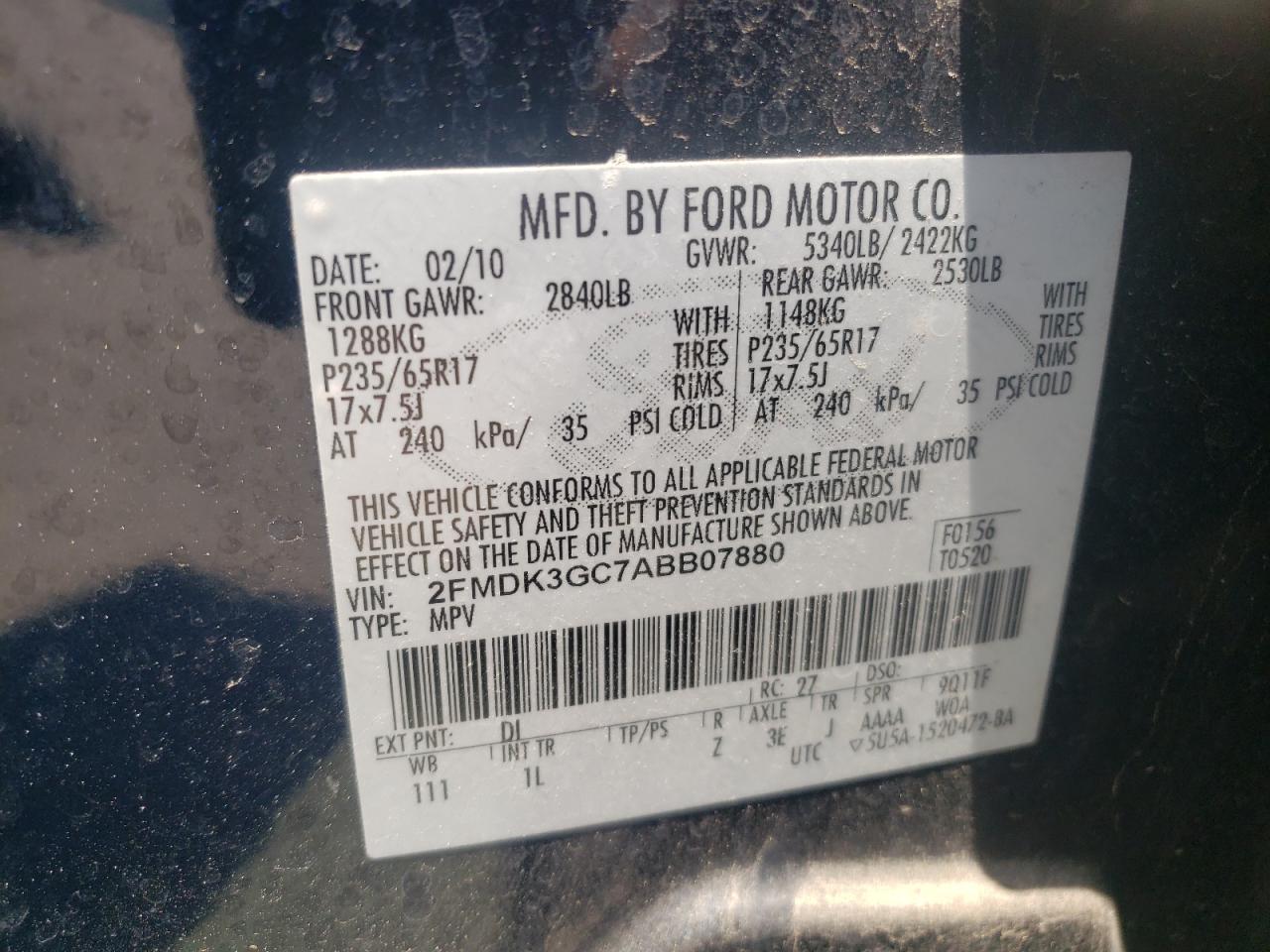 Photo 10 from auction – 2010 FORD EDGE SE with VIN 2FMDK3GC7ABB07880