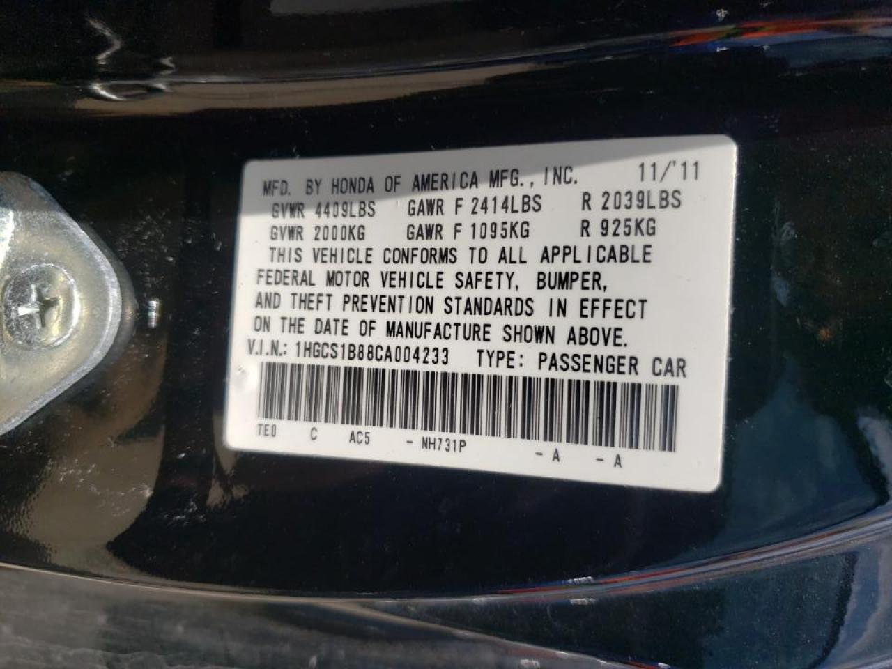 Photo 10 from auction – 2012 HONDA ACCORD EXL with VIN 1HGCS1B88CA004233