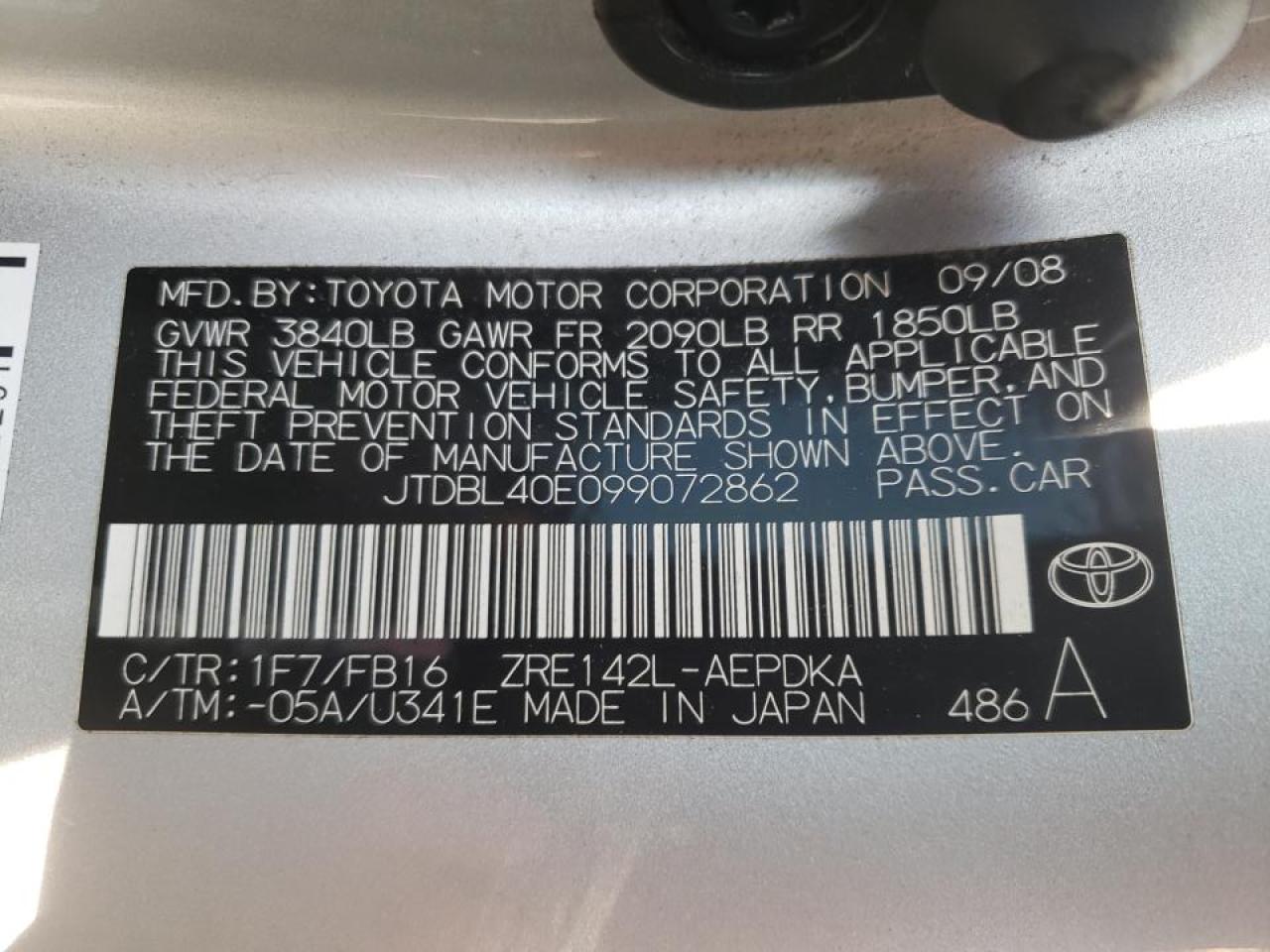 Photo 10 from auction – 2009 TOYOTA COROLLA BA with VIN JTDBL40E099072862