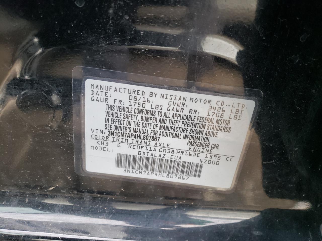 Photo 10 from auction – 2017 NISSAN VERSA S with VIN 3N1CN7AP4HL807867