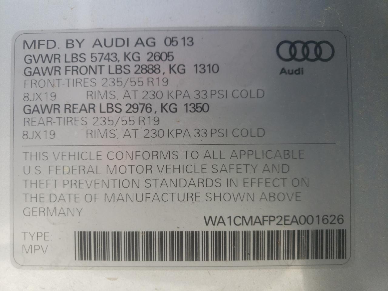 Photo 10 from auction – 2014 AUDI Q5 TDI PRE with VIN WA1CMAFP2EA001626