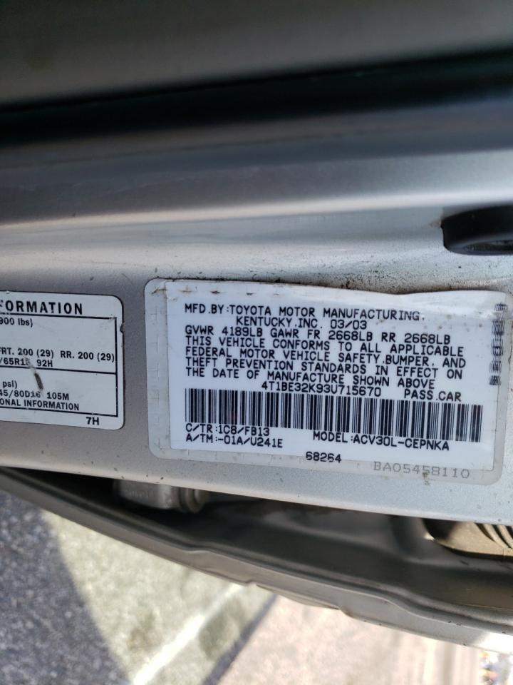 Photo 10 from auction – 2003 TOYOTA CAMRY LE with VIN 4T1BE32K93U715670