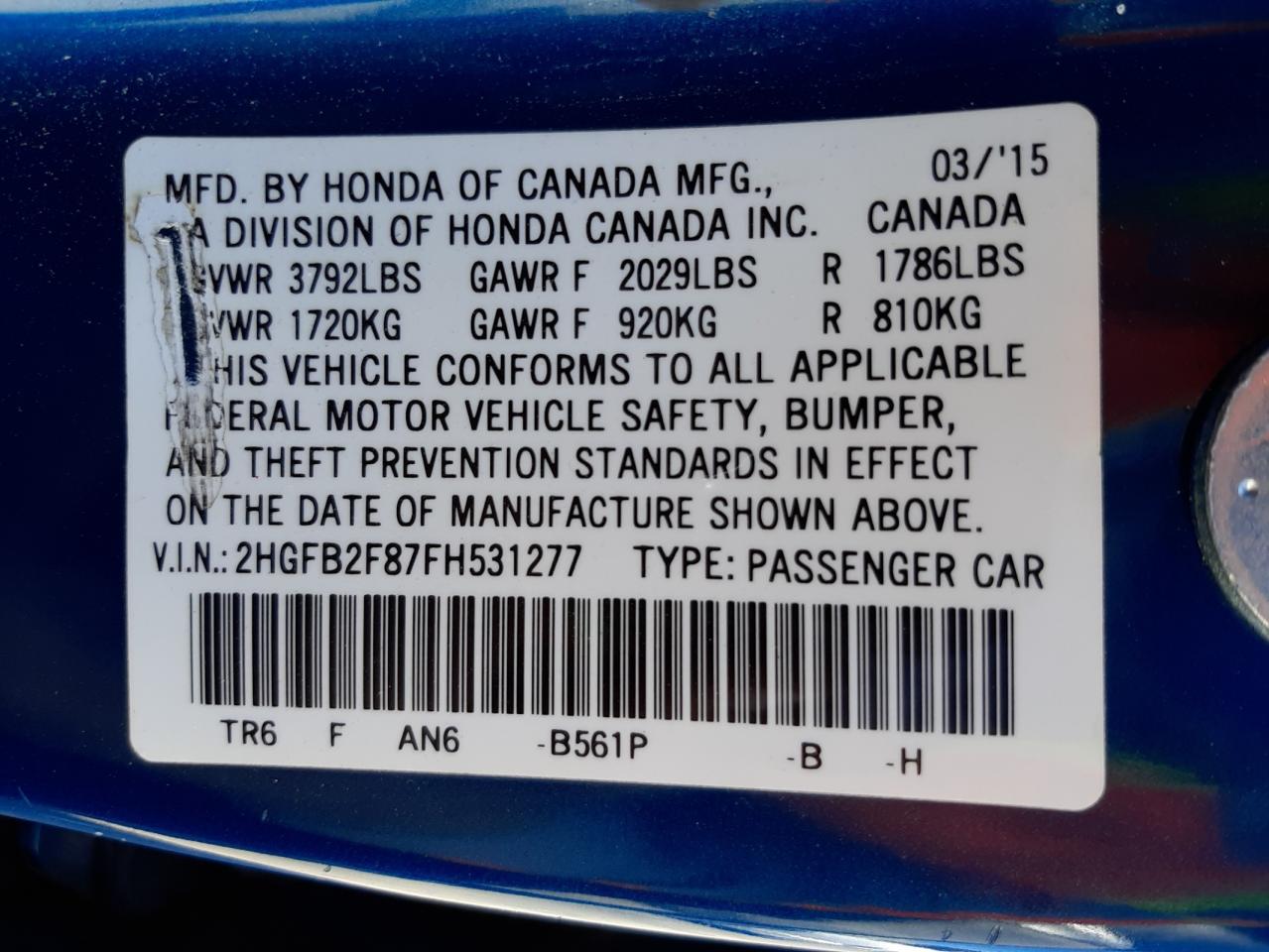 Photo 10 from auction – 2015 HONDA CIVIC EX with VIN 2HGFB2F87FH531277