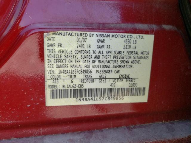 Photo 10 from auction – 2007 NISSAN MAXIMA SE with VIN 1N4BA41E97C849856