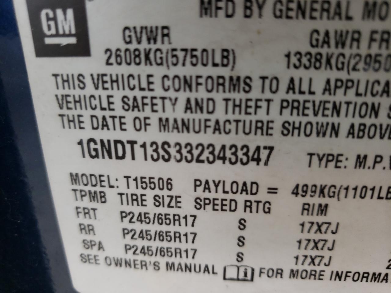 Photo 10 from auction – 2003 CHEVROLET TRAILBLAZE with VIN 1GNDT13S332343347